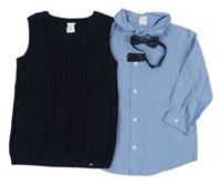 3 Set - Tmavomodrá svetrová vesta + modrá košile + motýlek H&M