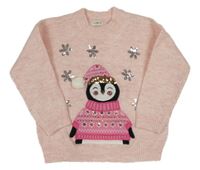 Světlerůžový melírovaný svetr s tučňákem a vločkami z flitrů F&F