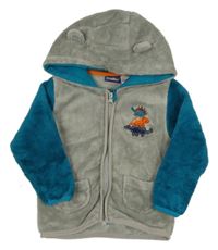 Šedo-petrolejová plyšová bunda s dinosaury a kapucí s oušky lupilu