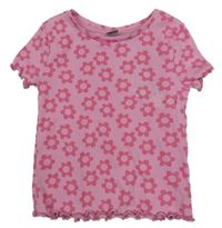 Růžové žebrované tričko s kytičkami Tu