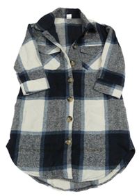 Bílo-tmavomodrý kostkovaný košilový dlouhý kabát Shein