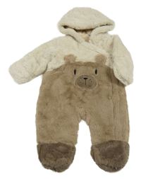 Hnědo-béžová kožešinová zateplená kombinéza s medvídkem a kapucí Tu