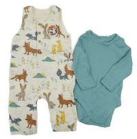 2set - Smetanové manšestrové laclové kalhoty se zvířátky + zelené boy M&S