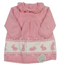Růžovo-bílé pletené šaty se králíčky a volánkem little Nutmeg