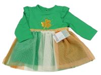 Zeleno-bílo-oranžové bavlněno/tylové šaty s trojlístkem z flitrů a volánky PRIMARK