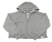 Šedá melírovaná propínací oversize crop mikina s nášivkou a kapucí George