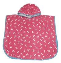 Tmavorůžovo-modrá froté pončo osuška s třešničkami a kapucí Mothercare