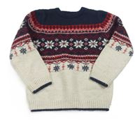Tmavomodro-červeno-světlebéžový svetr s vločkami a vzorem PRIMARK