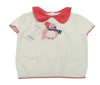 Nové - smetanové pletené tričko s ptáčkem a jahodovým límečkem GYMBOREE.
