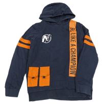 Tmavomodro/oranžová mikina s nápisem a pruhy a kapucí George