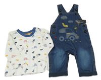 Nové - 2Set - Modré lehké riflové laclové podšité kalhoty s autem + bílo/tmavomodré triko s obrázky St. Bernard