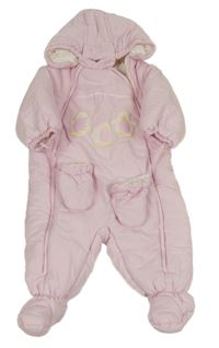 Světlerůžová šusťáková zimní kombinéza s tučňáčky a kapucí + rukavice C&A