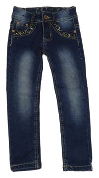 Tmavomodré skinny teplákové rifle s kamínky a srdíčky