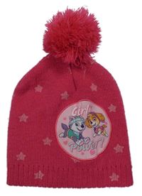 Tmavorůžová pletená čepice s PAW PATROL a hvězdičkami a bambulí nickelodeon