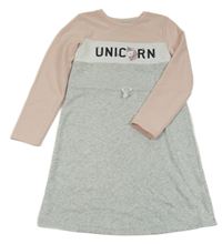 Světlešedo-bílo-světlerůžové melírované teplákové šaty s jednorožcem a nápisem H&M