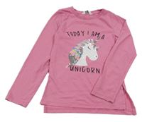 Růžové triko s jednorožcem z flitrů a nápisy PRIMARK