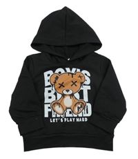 Černá mikina s medvídkem a nápisy a kapucí SHEIN