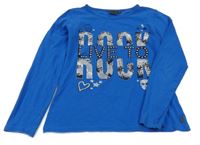 Cobaltově modré triko s nápisy a srdíčkem a lebkami GATONEGRO