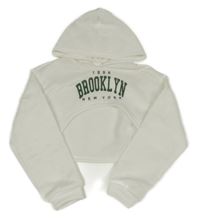 Bílá crop mikina s nápisy a číslem a kapucí SHEIN