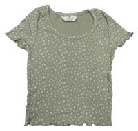 Khaki žebrované crop tričko s kytičkami H&M