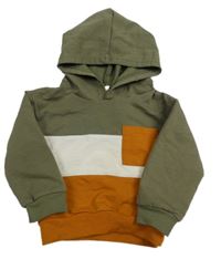 Khaki-bílo-hnědá mikina s kapsou a kapucí