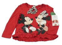 Nové - 2set - Červené triko s Minnie a Mickeym + bílá vzorovaná gumička do vlasů C&A