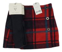 Nové - 2set - Červeno-černo-petrolejová kostkovaná vlněná sukně + tmavomodré žebrované punčocháče Next