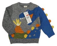 Nové - Šedo-modrý svetr s dinosaurem a sopkou F&F
