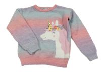 Růžovo-lila-světlemodrý vlněný svetr s jednorožcem s flitry Primark