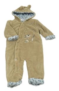 Hnědá chlupatá zateplená kombinéza s medvědem a kapucí Ergee