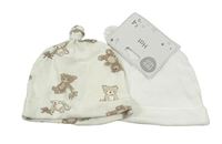 2x bavlněná čepice - smetanová s medvědy + bílá