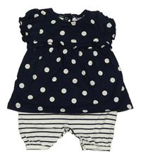 Tmavomodro-bílý bavlněný kraťasový overal s tričkem s puntíky a pruhy Topomini