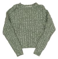Khaki-šedý melírovaný žebrovaný crop svetr H&M