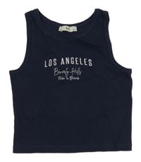 Tmavomodrý žebrovaný crop top s nápisem C&A