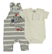 Nové - 2set - Šedo-bílé pruhované teplákové laclové kraťasy s dopravními prostředky + smetanové body Topomini