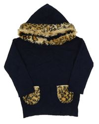 Tmavomodrý svetr s kožešinovým lemem a kapsami a kapucí River Island