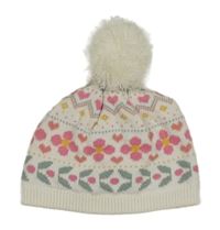 Bílo-růžová vzorovaná pletená čepice s bambulí 
