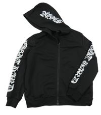 Černá propínací mikina s bílým vzorem na rukávech a kapucí shein