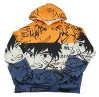 Oranžovo-modro-bílá vzorovaná mikina s kapucí shein