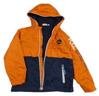 Oranžovo-tmavomodrá šusťáková lehce zateplená bunda s nápisy a kapucí Kids 