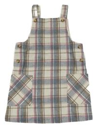 Šedo-smetanovo-růžové kostkované vlněné laclové šaty Primark