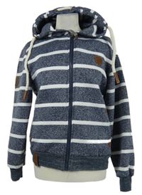 Dámská tmavomodro-bílá pruhovaná propínací mikina s kapucí 