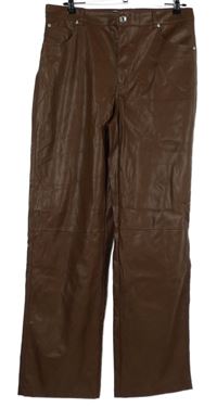 Dámské hnědé koženkové široké kalhoty Bershka 