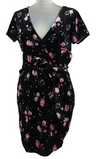 Dámské černé květované sametové šaty s páskem H&M