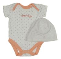 2set- bílo-růžové puntíkaté body+ bílá čepice