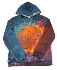 Modro-oranžovo-fialová vzorovaná sportovní mikina s míčem a kapucí 