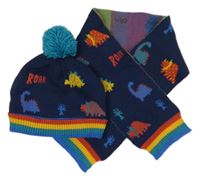 2set - Tmavomodro-barevná šála s dinosaury + čepice M&S