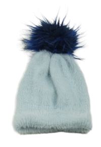 Světlemodrá pleteno/chlupatá čepice s bambulí 
