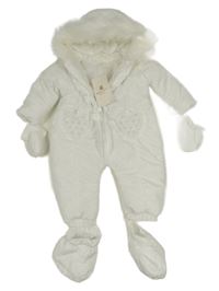 Nové - Bílá šusťáková zimní kombinéza se srdíčky s perlami a kapucí + capáčky + rukavice