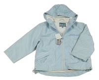 Nové - Světlemodrá šusťáková jarní bunda s nápisem a kapucí 